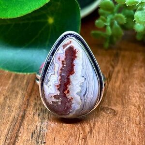 😵 Mexican laguna lace crazy agate Ring 7.5 water drop 925 Sterling Silver plate